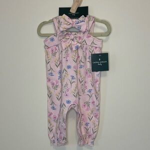 NWT Laura Ashley Baby romper with matching bow, size 0-3 months